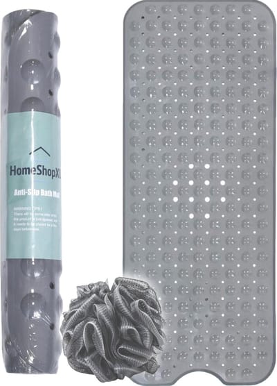 HSXL - Antislipmat - 100x40CM - Incl. Netspons - Antislip Douchemat / Badmat Grijs met Zuignappen – Mat voor in bad – Anti Slip Douche Cabine Mat – Mat voor in de Badkamer - Badkamer accessoires