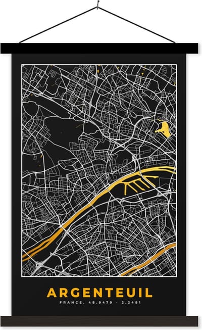 Posterhanger incl. Poster 40x60 cm - Schoolplaat - Argenteuil - Frankrijk – Plattegrond – Stadskaart - Kaart - Textielposter - Zwarte latten - Stadskaart