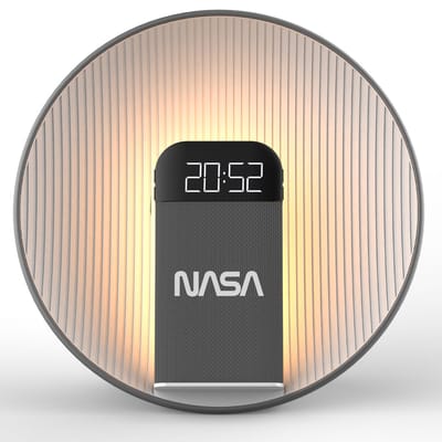 NASA-wekker SPC600 - radio-alarm, Bluetooth-luidspreker, 15W Qi draadloos opladen, dubbel alarm, alarmlicht, LED, lithiumbatterij, 5W RMS-luidspreker - grijs