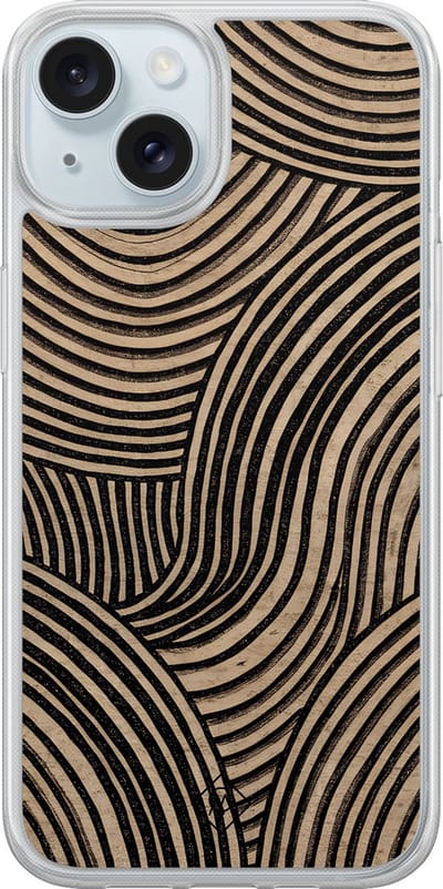 Casimoda® hoesje - Geschikt voor iPhone 15 - Ebony Waves - 2-in-1 case - Schokbestendig - Water - Verhoogde randen - Bruin/beige, Transparant