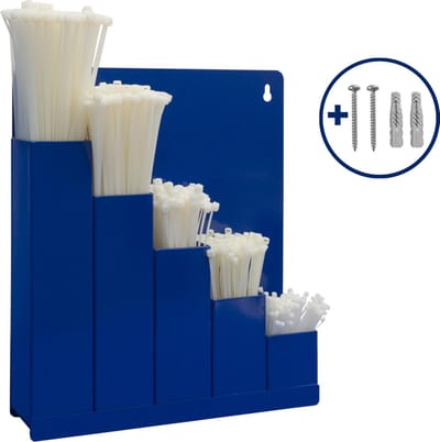 Kortpack - Kabelbinderset: 1 Metalen Opbergrek + 5 x 100 Witte Kabelbinders in div maten - Voorzien van 2 Montagegaatjes - Incl. 2 Pluggen en Schroeven - Tyrapset - (099.0218)