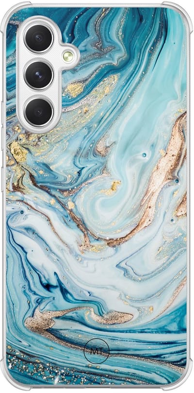 Hoesje (shockproof) geschikt voor Samsung Galaxy A54 - Marmer blauw goud - Extra sterke case - TPU/polycarbonaat - Marmer - Blauw, Transparant