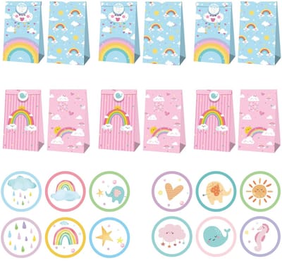 Dailygoods- Papieren Zakken 12 Stuks - Kraftpapier - Cadeauzakjes met Regenboog - Feestzakjes - Herbruikbaar - 21,5 x 12 x 7,5 cm