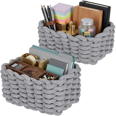 Katoenen Opbergmand - Gevlochten Mand - Badkamer Organiseren - Handgemaakt Duurzaam Touw - 2 stuks 19x15x12 cm - Grijs