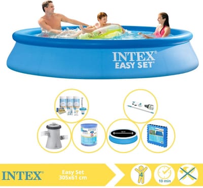 Intex Rond Opblaasbaar Easy Set Zwembad - 305 x 61 cm - Blauw - Inclusief Pomp - Solarzeil - Onderhoudspakket - Filter - Stofzuiger - Vloertegels - 7-delig