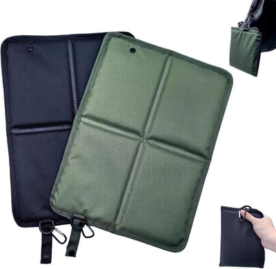 Zitmatje opvouwbaar - Opvouwbaar buitenkussen - Set van 2 - Met karabijnhaak - Draagbaar en waterdicht - Oxford-stof - Campingstoelkussen - Reiskussen voor rugzak - Geschikt voor wandelen, kamperen en tuinieren - Olijfgroen, Zwart