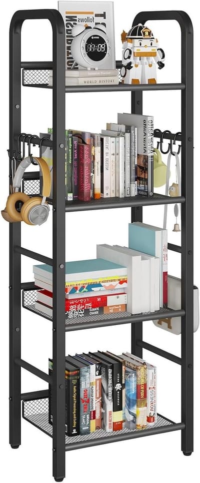 Moderne 4-laagse boekenplank, metalen opbergunit met 8 S-haakjes, hoekplank voor woonkamer, slaapkamer en kantoor, 36 x 27 x 116 cm, zwart