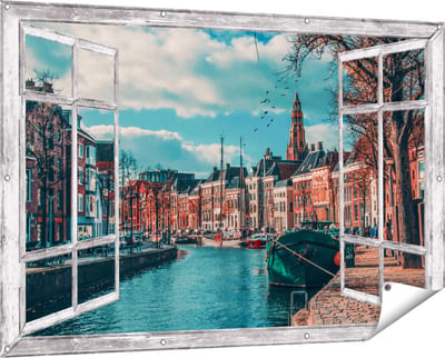 Gards Tuinposter Doorkijk Gracht in Groningen - 150x100 cm - Tuindoek - Tuindecoratie - Wanddecoratie buiten - Tuinschilderij