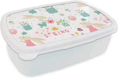 Broodtrommel Wit - Lunchbox - Brooddoos - Patroon - Pasen - Lente - 18x12x6 cm - Volwassenen