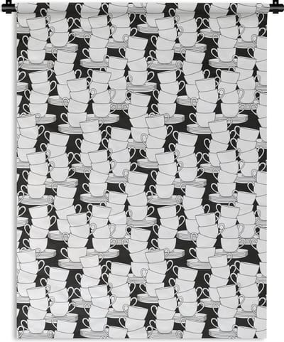 Wandkleed - Wanddoek - Patronen - Zwart wit - Kopjes - Thee - 150x200 cm - Wandtapijt