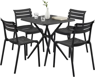 CLP Vela tuinmeubelset - 4 stapelstoelen - vierkante eettafel 72x72cm - weerbestendige balkonset - voor terras en tuin - zwart
