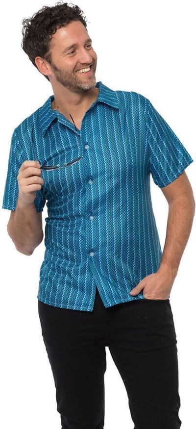 Partychimp Luxe Retro Blouse Heren Disco Blouse 70's Shirt Carnavalskleding Heren - Maat S - Blauw
