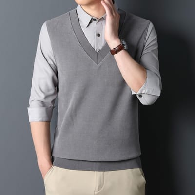 Chemise Business Casual Homme Printemps et Automne Couleur Unie Pull Homme Veste Homme 4XL gray