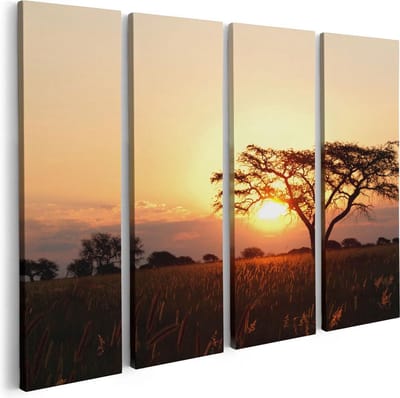 Artaza Canvas Schilderij Vierluik Zonsondergang Achter Een Acacia Boom - 80x60 - Foto Op Canvas - Canvas Print
