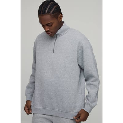 Essential Oversized Quarter Zip Funnel Neck Sweatshirt | Grey Marl | Size Small
