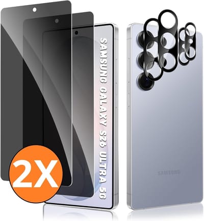 Privacy screenprotector Geschikt voor Samsung S26 Ultra - screenprotector Privacy Met Galaxy S26 Ultra camera lens - Complete bescherming voor Samsung S26 Ultra – scherm en camera in één set - 2X