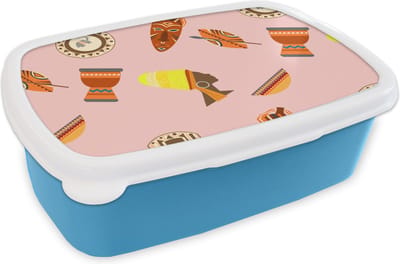 Broodtrommel Blauw - Lunchbox - Brooddoos - Afrika - Djembé - Patronen - Afrikaanse maskers - 18x12x6 cm - Kinderen - Jongen