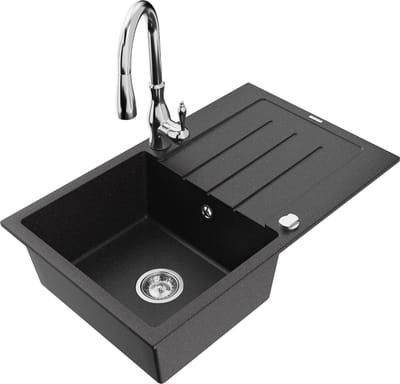 Mexen Bruno granieten spoelbak 1-baks met afdruiprek en keukenmengkraan Savita, zwart/zilver metallic - 6513-73-672601-00