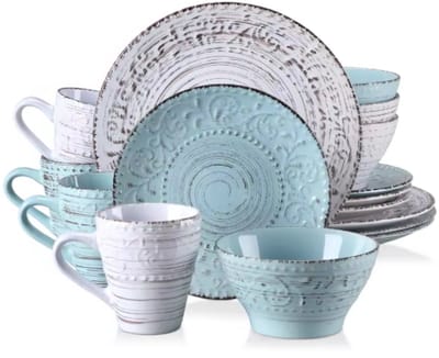Azure Grandiose Bordenset – 4 persoons – 16 delig – Wit/blauw Keramisch – Eetborden – Breakfast Plates