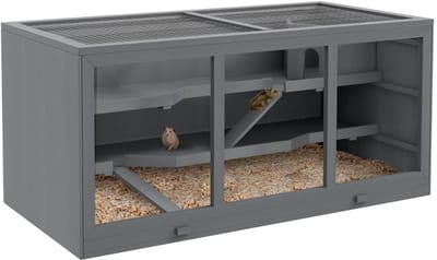 Merax Houten Hamsterverblijf - Ruime Nagervilla met Drie Verdiepingen en Trappen - Grote Knaagdierenkooi - 115 x 57 x 55 cm - Grijs