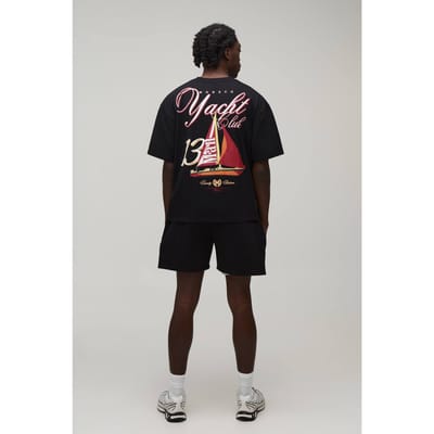 Oversized Boxy Yacht Club T-Shirt & Boxy Jersey Short Set | Black | Size XS