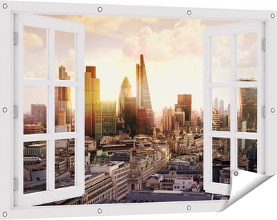 Gards Tuinposter Doorkijk Londen bij Zonsondergang in een Moderne Wijk - 120x80 cm - Tuindoek - Tuindecoratie - Wanddecoratie buiten - Tuinschilderij