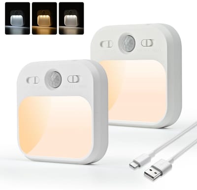 GELLDG Nachtlampjes met bewegingssensor - 2-pack - USB-C oplaadbare LED-nachtlampjes - Verstelbare helderheid - 3 standen (automatisch/uit/aan) - Warm wit licht - Binnenlamp met sensor - Geschikt voor kinderkamers, gangen, trappenhuizen en keukens