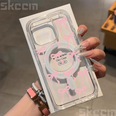 Coque Magnétique Magsafe Rose Bleu avec Nœud Pour iPhone 16 15 14 13 12 11 Pro Max X XR XS 7 8 16 Plus Recharge Sans Fil Coque Rigide Transparente iPhone 13 Mini