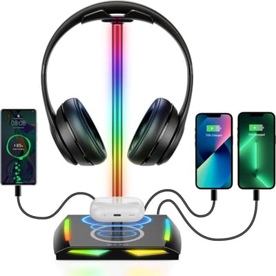 RGB Hoofdtelefoonstandaard met Draadloos Opladen en USB-C & USB Oplaadpoorten - Desk Gaming Hoofdtelefoonhouder met 7 Lichtsmodi