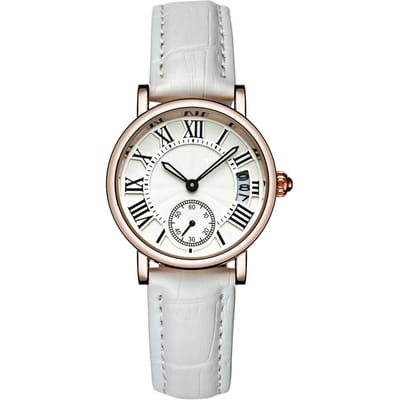 Sanda Dames Analoog Ronde Quartz Leren Band Datum Horloge Klassiek Polshorloge wit