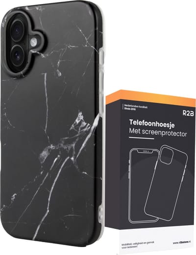 R2B Hoesje geschikt voor iPhone 16 - Marmer - Screenprotector - Zwart - Telefoonhoesjes - Gsm Hoesje - Phone Case - Model de Bilt