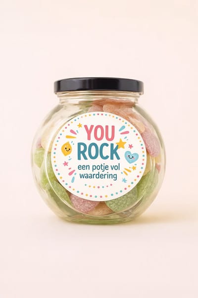 STREECK You Rock Snoeppot zuurtjesmix 275g - Geslaagd Cadeau - Bedankje Collega, Juf of Meester