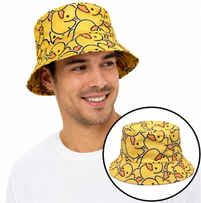 Pradeo - Bucket Hat - Vissershoedje - Buckethat - Emmerhoed - Eend - Bad Eendjes - Duck - Omkeerbaar - Reversible - Carnaval - Feest - Festival - Vrijgezellenfeest - Outfit - Zwart - Geel - One Size Fits All
