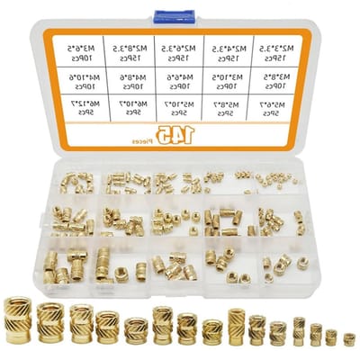 145-delige set messing schroefinvoegen met vrouwelijke draad, knurled moeren voor M2 M3 M4 M5 M6, ideaal voor 3D-printen en gietwerk
