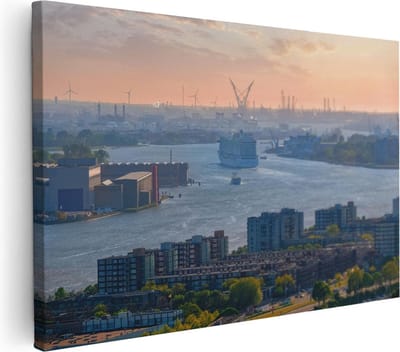 Artaza Canvas Schilderij Skyline Rotterdam - 30x20 cm - Klein - Wanddecoratie Zonsondergang - Muurdecoratie Haven - Kamer Accessoires Woonkamer