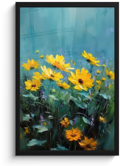 Poster in lijst - Fotolijst 40x60 cm - Posters - Penseelstreken - Bloemen - Felgeel - Abstract - Posterlijst zwart - Decoratie - Wanddecoratie woonkamer - Muurdecoratie slaapkamer