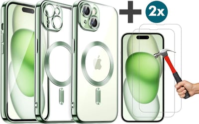 Hoesje met 2 Stuks Screenprotectors Geschikt voor iphone 15 Plus Hoesje - Geschikt voor MagSafe - Arara siliconen Backcover - Groen