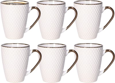 Secret de Gourmet Koffiemokken Harlekijn - 6x stuks - Keramiek - wit/goud - 300 ml - 8 x 11 cm - Luxe uitstraling