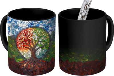 Magische Mok - Foto op Warmte Mokken - Koffiemok - Boom - Seizoenen - Mozaïek - Bergen - Magic Mok - Beker - 350 ML - Theemok