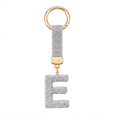 Zilverkleurige sleutelhanger met letter E en strass steentjes – initial sleutelhanger voor dames en heren – metalen sleutel hanger met ronde ring en decoratieve letter hanger