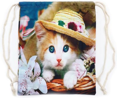 Trekkoordtas - Poes met Hoed in Mand & Bloemen - Gymtas - 42x35cm