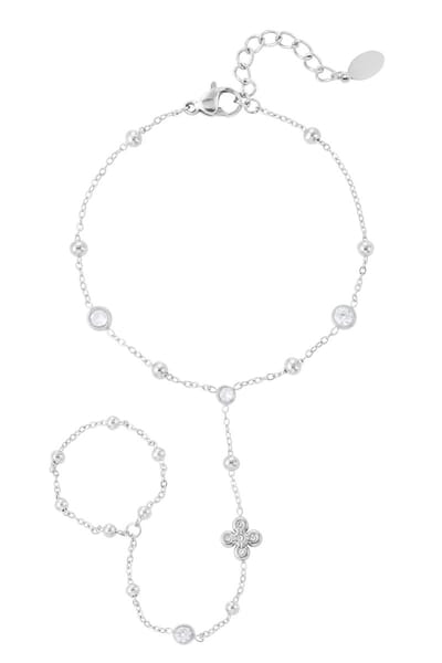 Handchain Armband met Ring Dames – Clover Design – Zilverkleurig – RVS – Verstelbaar – Abeillefashion