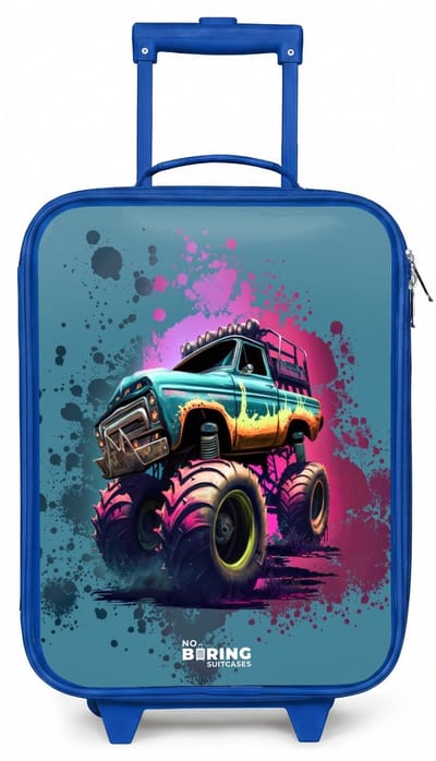 NoBoringSuitcases.com® - Kinderkoffer blauw - Kindertrolley jongen - Monster Wheels - Koffer kind lichtgewicht - Reiskoffer trolley voor kinderen - Koffertje met lichtgevende wieltjes - Rolkoffer