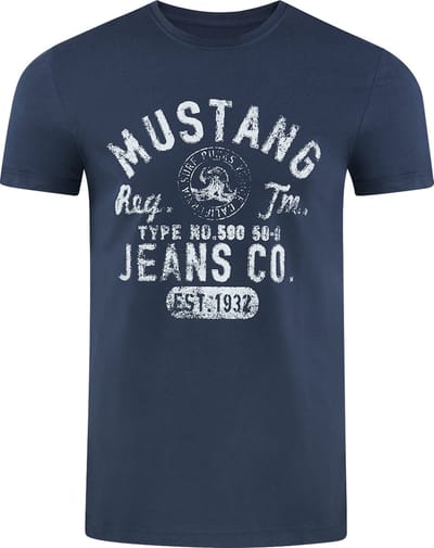 Mustang Heren T-Shirt Basic Print Tee regular fit Blauw S Ronde Hals Volwassenen Opdruk Print Shirts