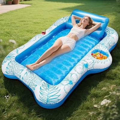 Opblaasbaar zwembad, 180 × 120 cm, met afneembaar nekkussen, 2 bekerhouders, ergonomische geribbelde basis, multifunctioneel badeiland voor tuin, strand, meren