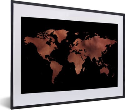 Poster in lijst - Fotolijst 60x40 cm - Posters - Wereldkaart - Zwart - Rood - Posterlijst zwart - Decoratie - Wanddecoratie woonkamer - Muurdecoratie slaapkamer