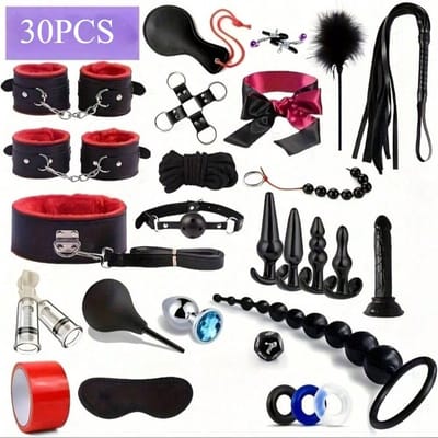 Oneay BDSM-bondageset met 30 ​​bondage-accessoires, zweepjes, anaalpluggen, vibrators en dildo's, BDSM-speelgoedset voor vrouwen en mannen