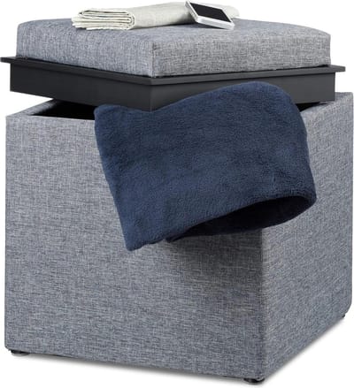 Opbergpoef linnen look - Hocker met dienblad - 42 x 42 x 42 cm - Voetenbank donkergrijs