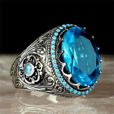 Bague chevalière turque rétro faite à la main pour hommes femmes couleur cuivre ancien aigle sculpté bague incrustation zircon vert punk motard 11 blue