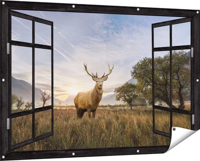 Gards Tuinposter Doorkijk Hert in het Landschap - 150x100 cm - Tuindoek - Tuindecoratie - Wanddecoratie buiten - Tuinschilderij